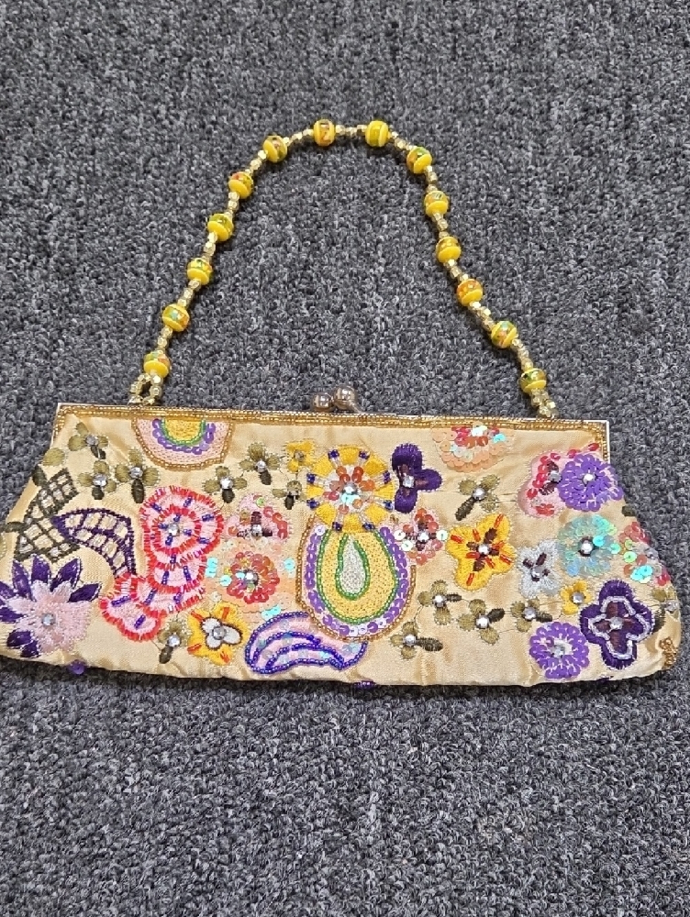 Beige Embroidered Sequin Floral Evening Clutch - Picture 2 of 7